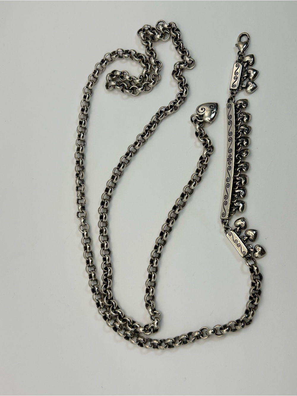Brighton Dangling Hearts Chain Belt 40"L Round Link Silver Plated Vintage - Picture 11 of 12